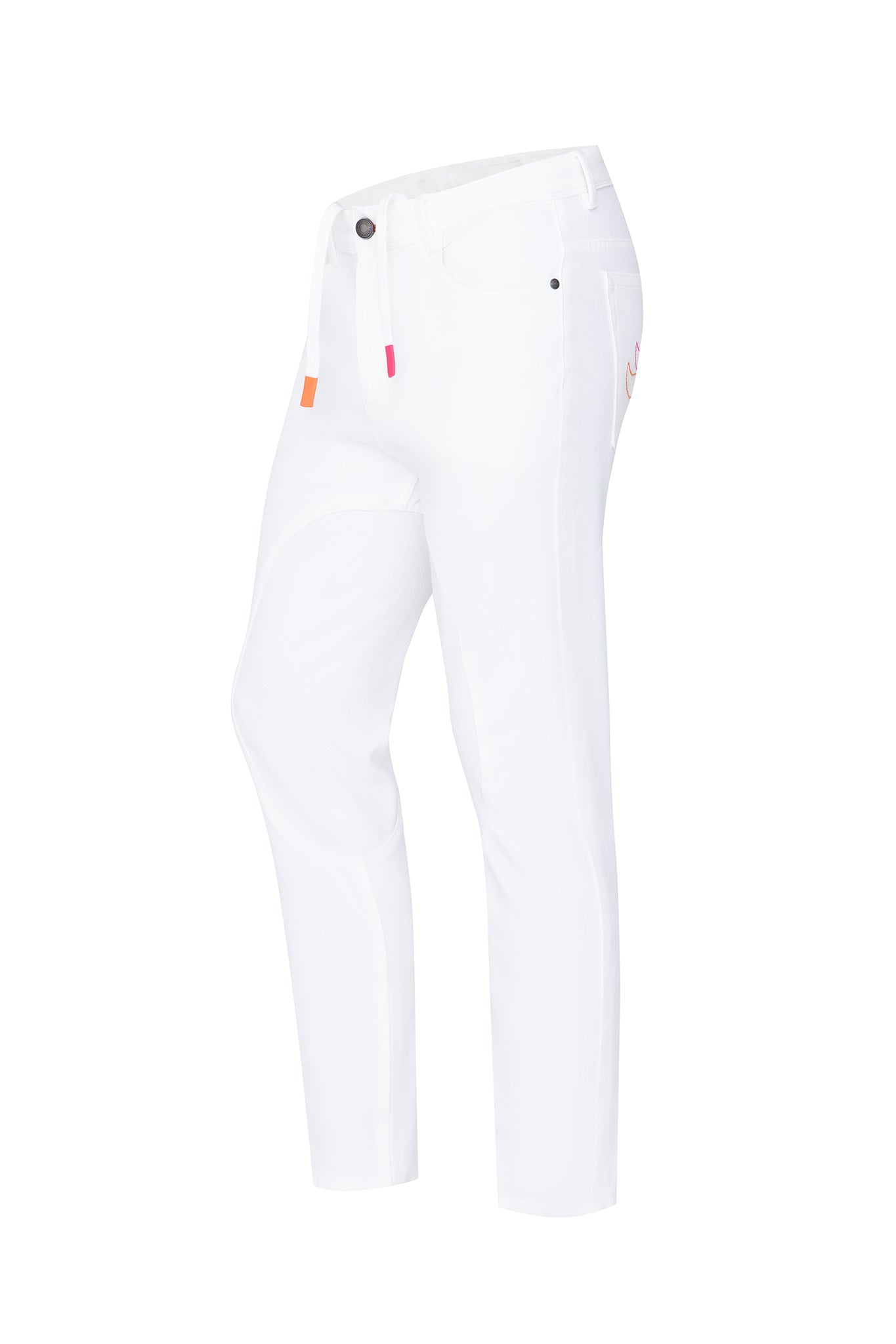 A pair of white close contact jeans with a slim fit, five pockets, and a button fly. The jeans feature small orange detailing on the buttons and a drawstring waist with silicone grip technology.