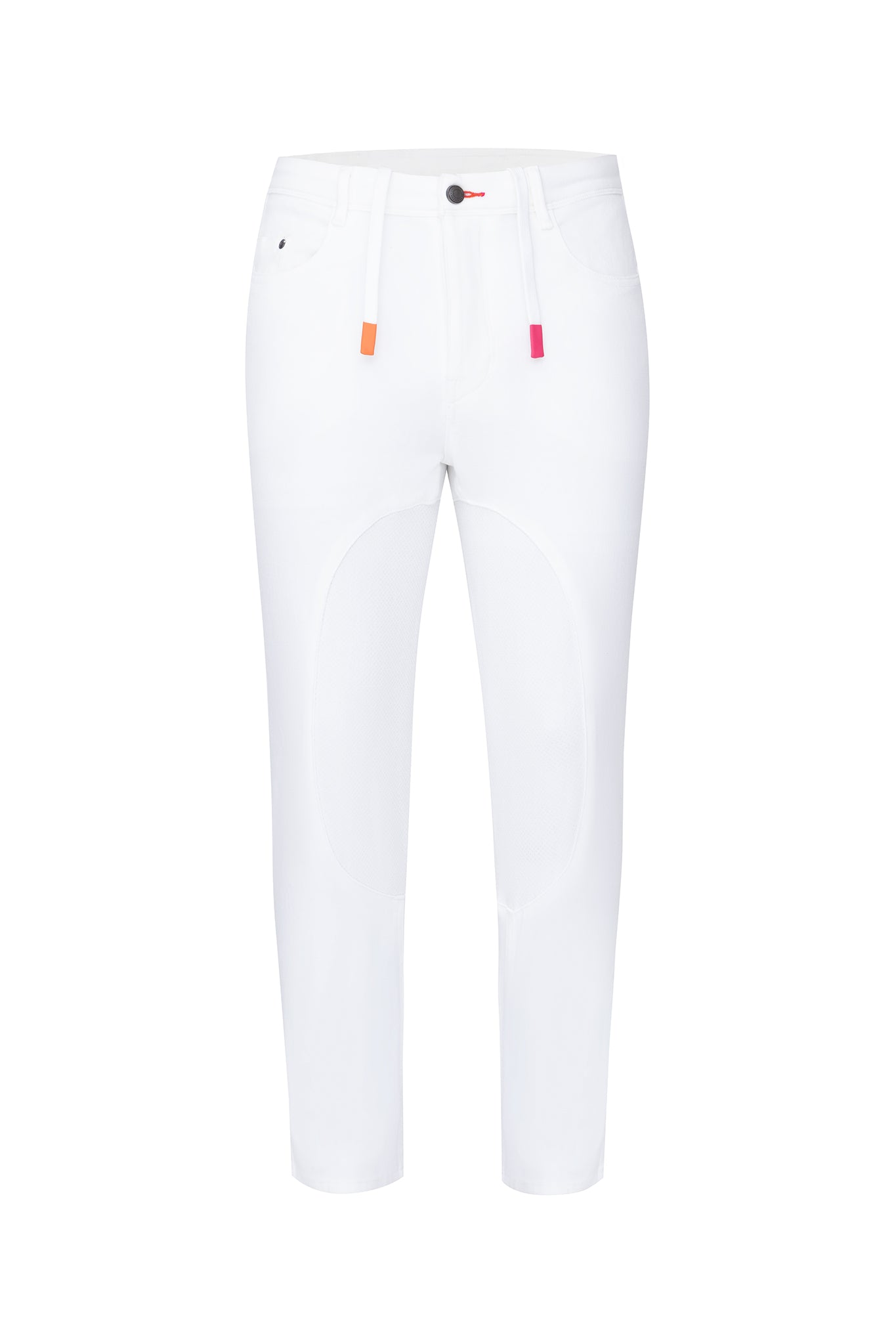 White polo jeans AWS stretch technology - side profile view" Imagen 3: "White close contact jeans with silicone grip - back view detail